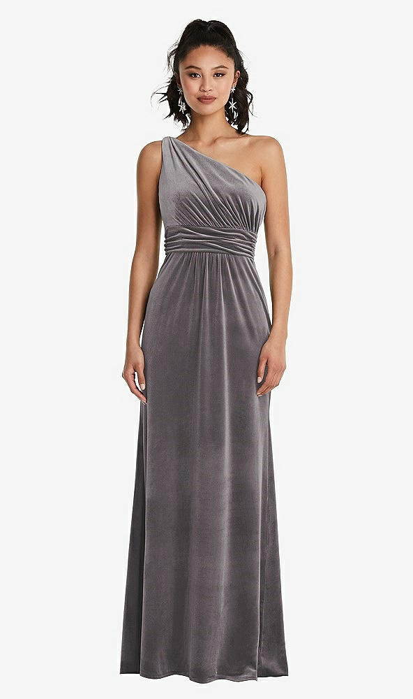 Front View - Caviar Gray One-Shoulder Draped Velvet Maxi Dress