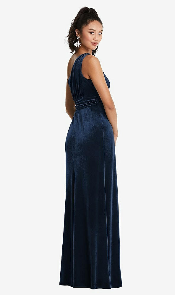 Back View - Midnight Navy One-Shoulder Draped Velvet Maxi Dress