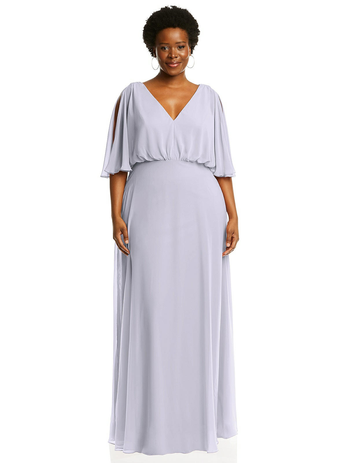 V-neck Split Sleeve Blouson Bodice Maxi Bridesmaid Dress In