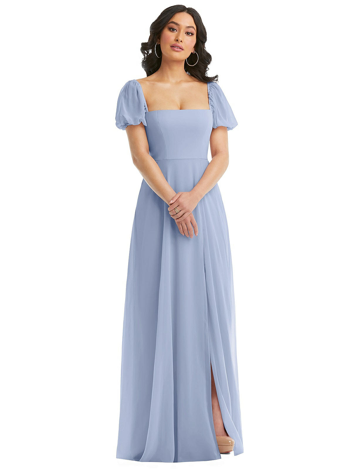 Puff Sleeve Chiffon Maxi Dress with Front Slit