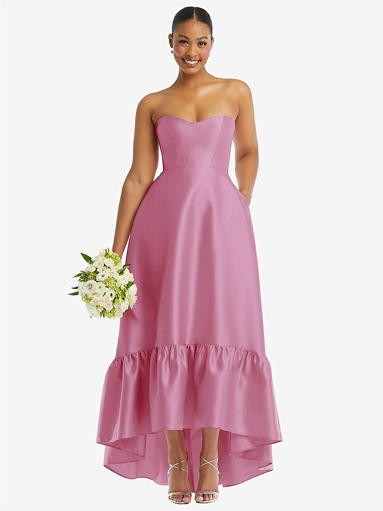 Cap Sleeve Deep Ruffle Hem Satin High Low Bridesmaid Dress