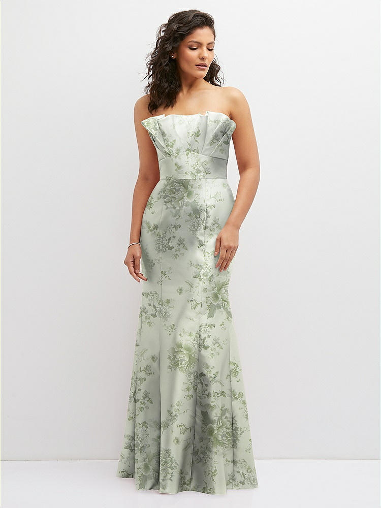 Strapless Cat-eye Draped Bodice Floral Satin Tumpet