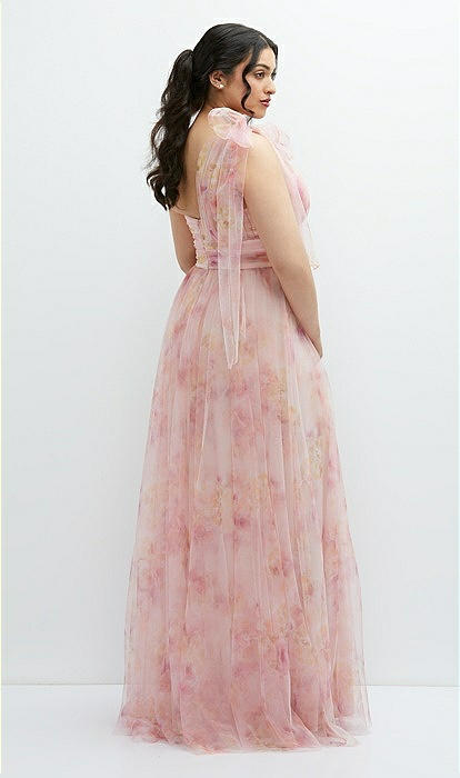 Floral Scarf Tie One-shoulder Tulle Bridesmaid Dress With