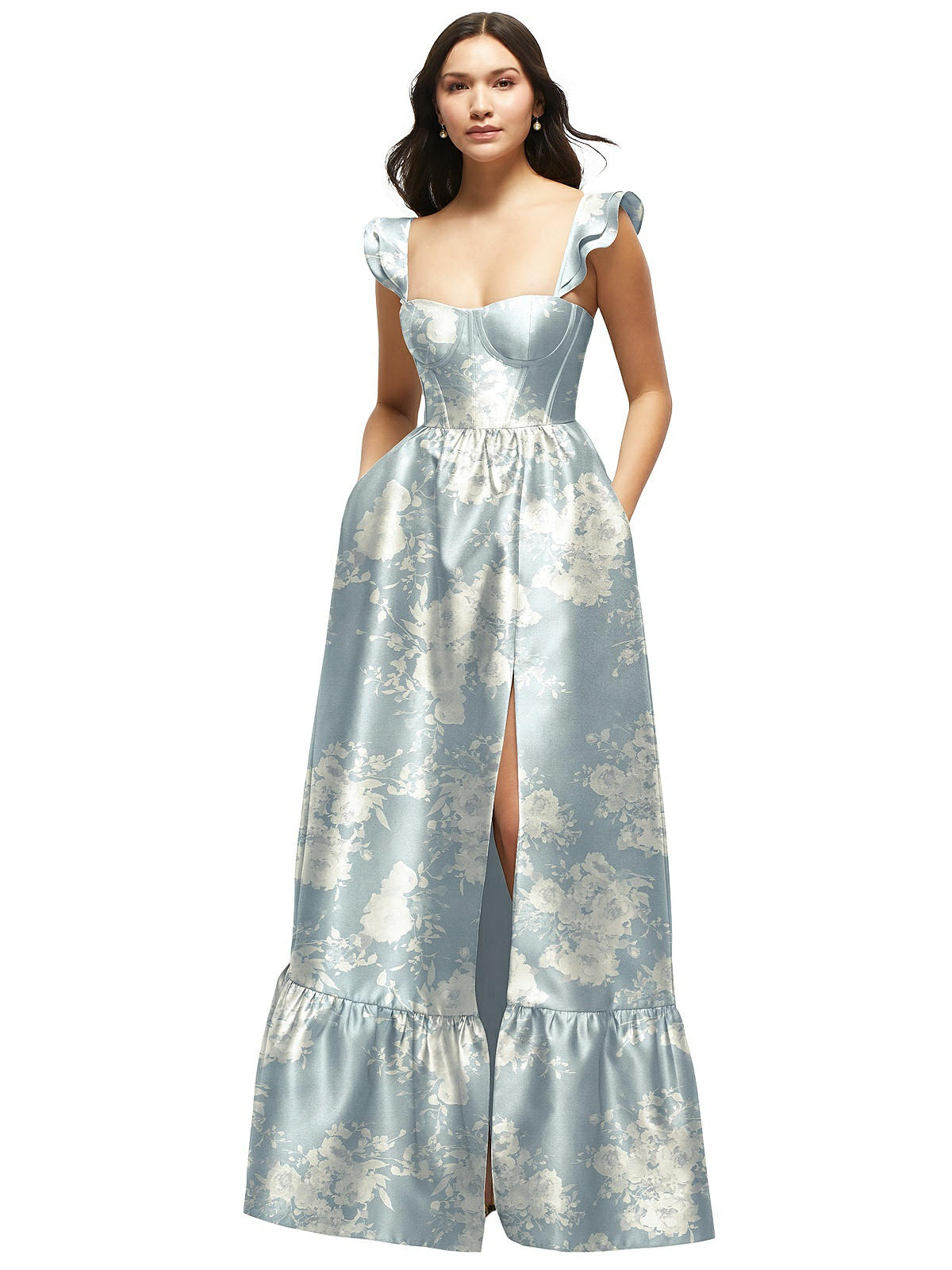 Floral Satin Corset Maxi Dress with Ruffle Straps & Skirt