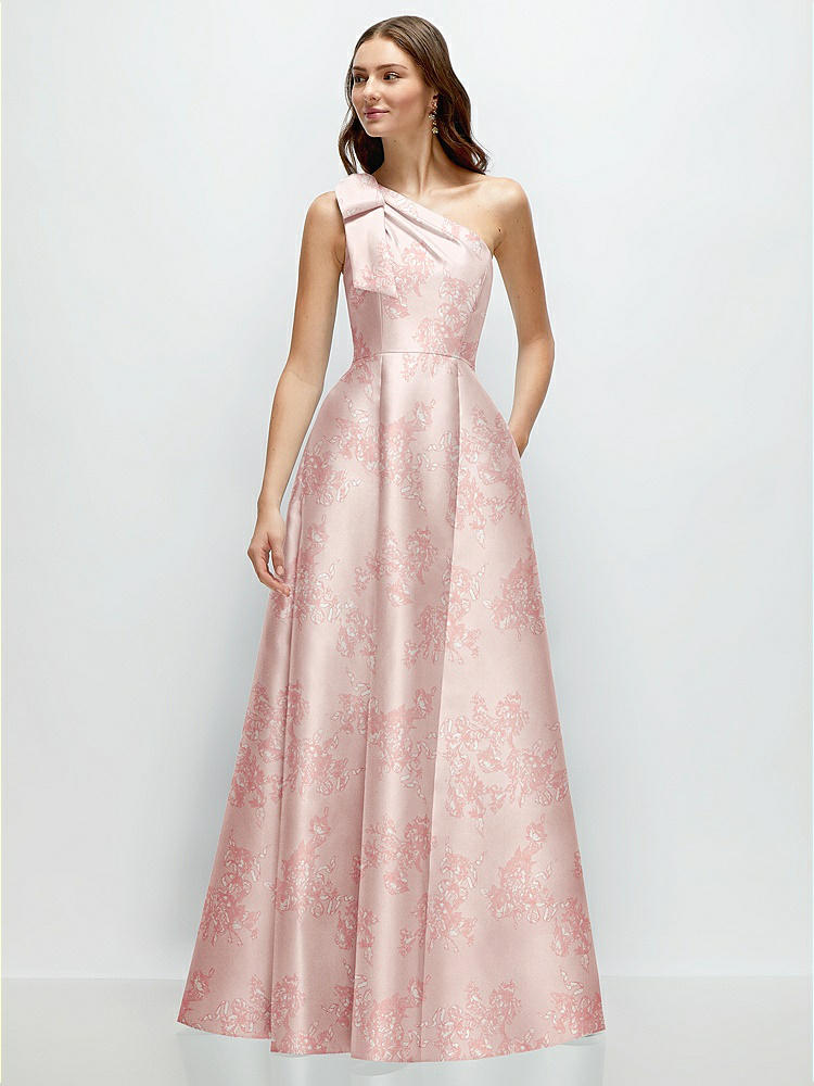 Oversized Bow One-shoulder Floral Satin Column Maxi