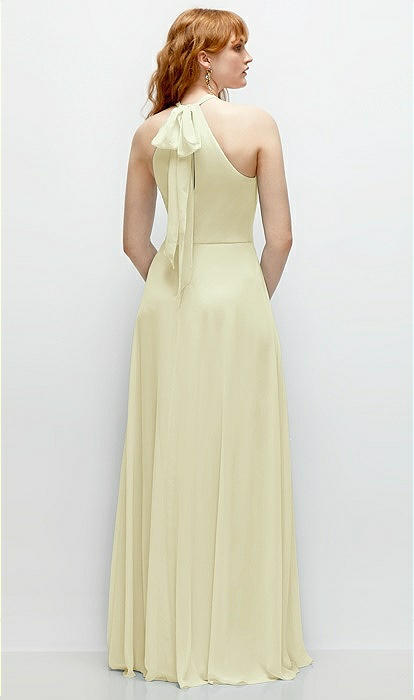 Shirred Halter Chiffon Maxi Bridesmaid Dress With Back Sash