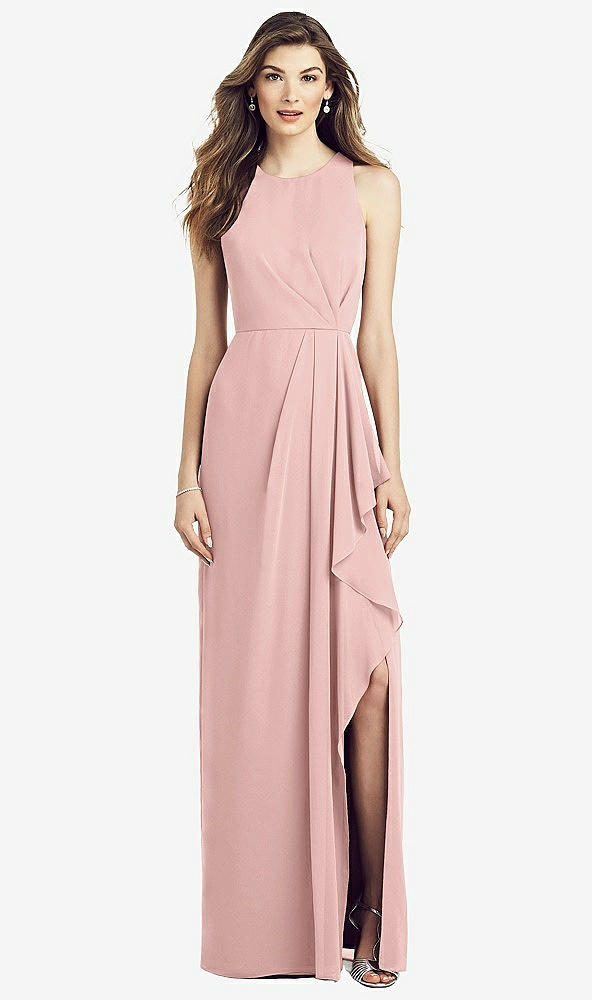 Front View - Rose Sleeveless Chiffon Dress with Draped Front Slit