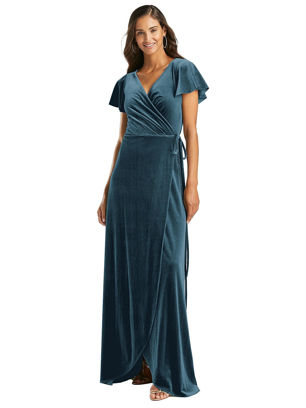 Flutter Sleeve Velvet Wrap Maxi Bridesmaid Dress With