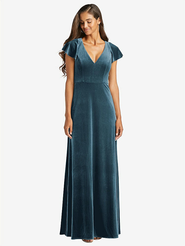 Flutter Sleeve Velvet Wrap Maxi Bridesmaid Dress With