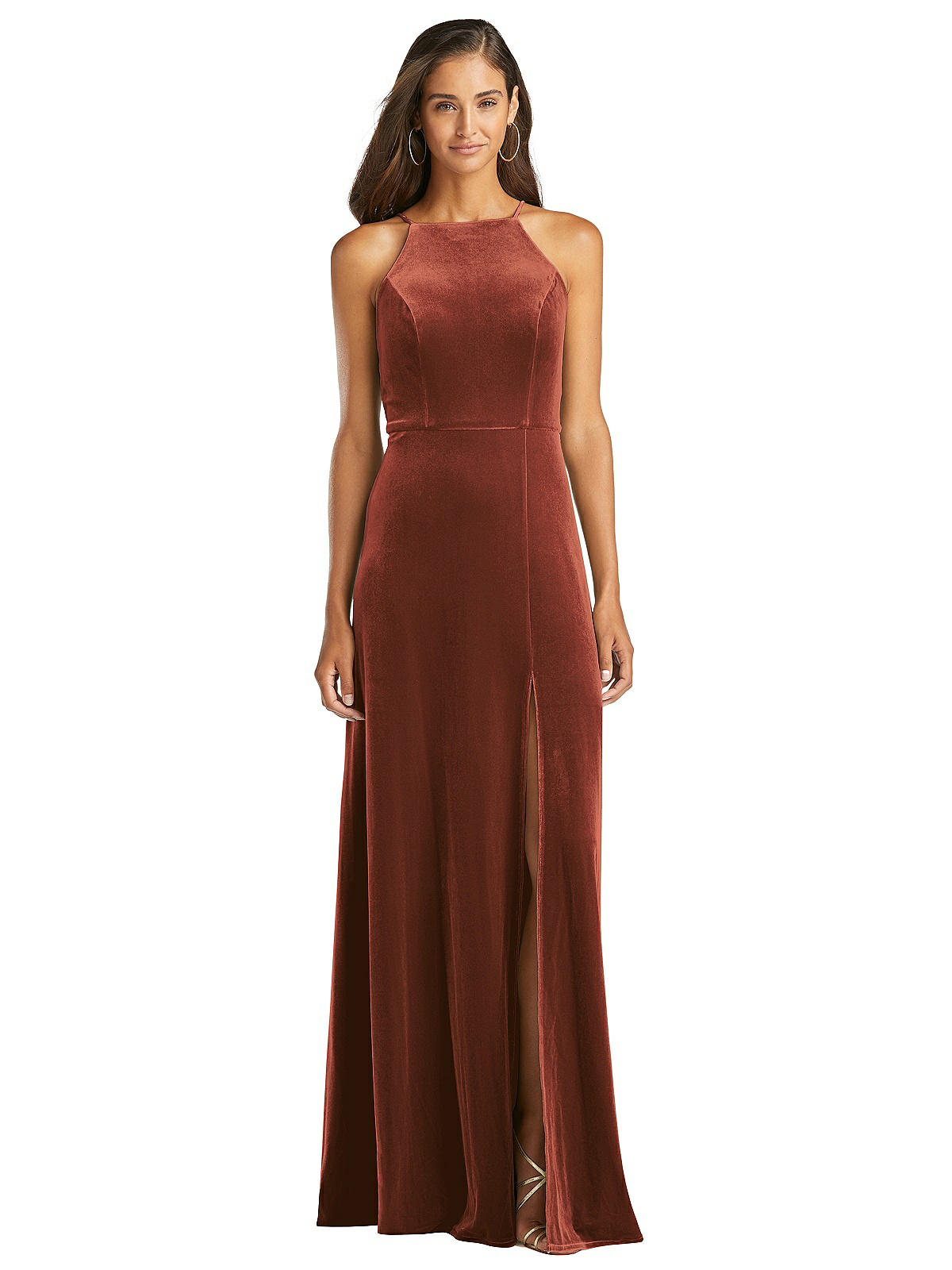 Velvet Halter Maxi Bridesmaid Dress With Front Slit - Harper