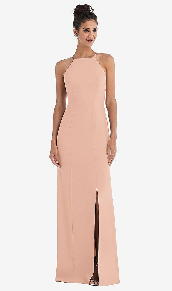 Front View - Pale Peach Open-Back High-Neck Halter Trumpet Gown