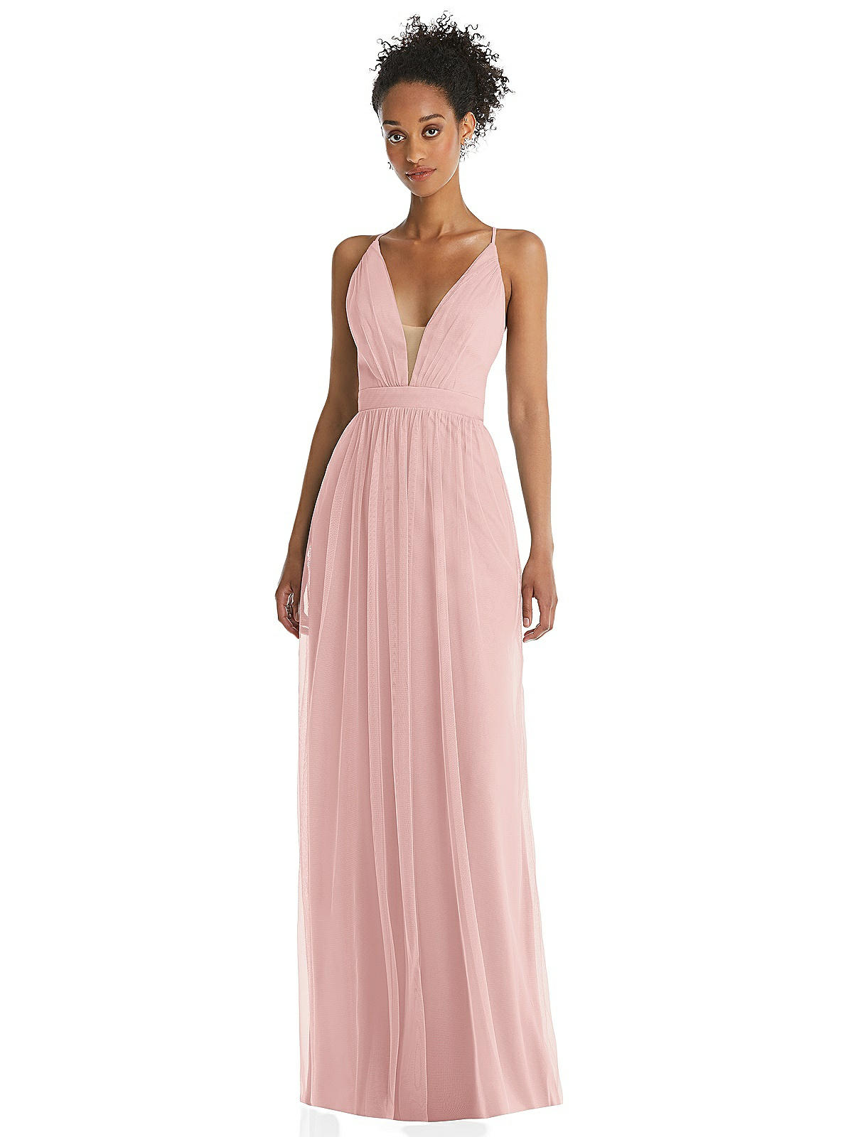 Illusion Deep V-neck Tulle Maxi Bridesmaid Dress With