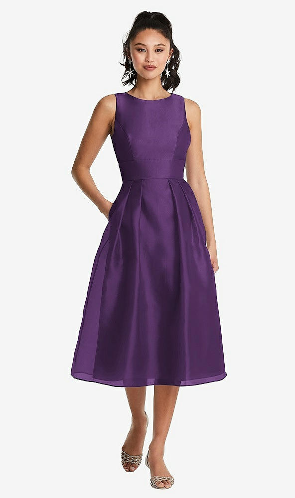 Front View - Majestic Bateau Neck Open-Back Pleated Skirt Midi Dress