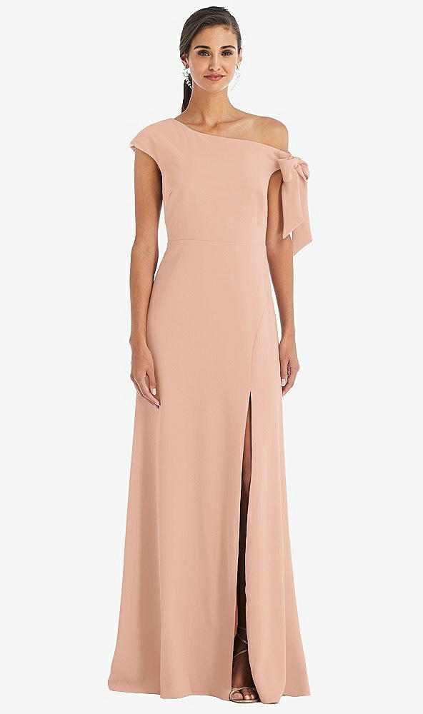 Front View - Pale Peach Off-the-Shoulder Tie Detail Maxi Dress with Front Slit