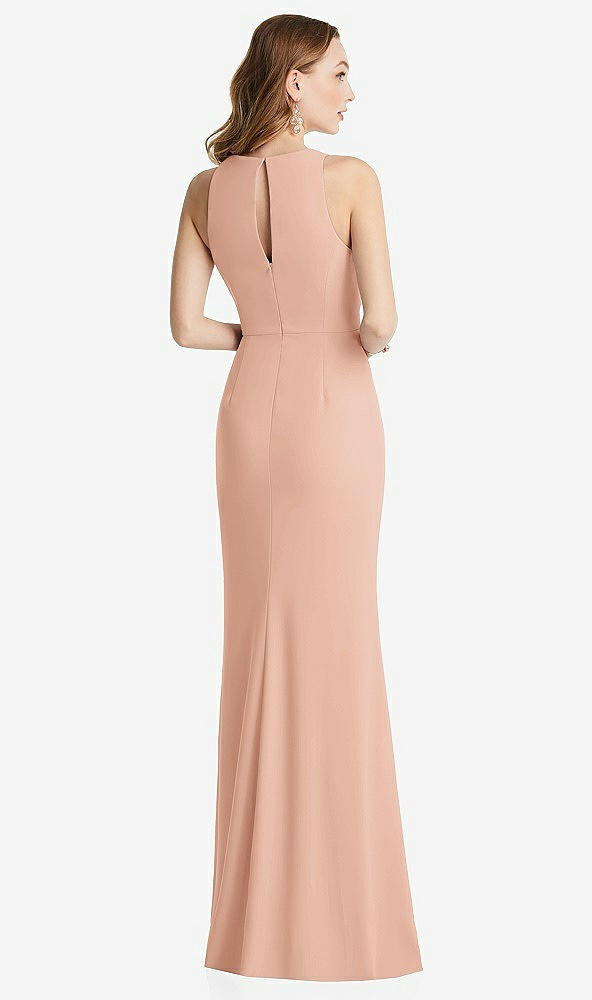 Back View - Pale Peach Halter Maxi Dress with Cascade Ruffle Slit