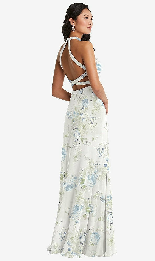 Front View - Bleu Garden Stand Collar Halter Maxi Dress with Criss Cross Open-Back