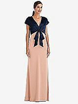 Front View Thumbnail - Pale Peach & Midnight Navy Soft Bow Blouson Bodice Trumpet Gown