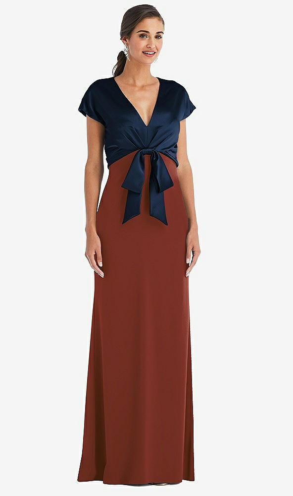 Front View - Auburn Moon & Midnight Navy Soft Bow Blouson Bodice Trumpet Gown