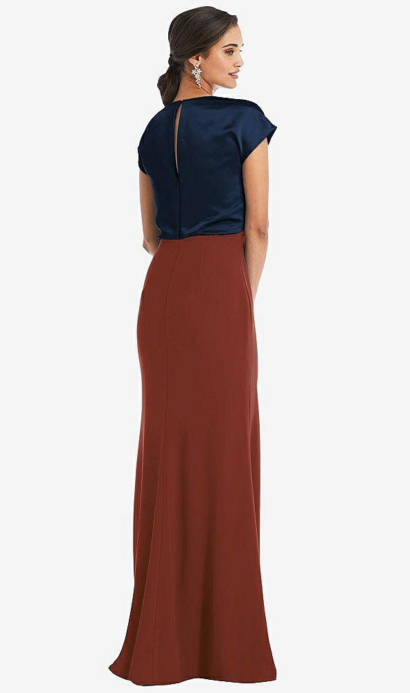 Back View - Auburn Moon & Midnight Navy Soft Bow Blouson Bodice Trumpet Gown