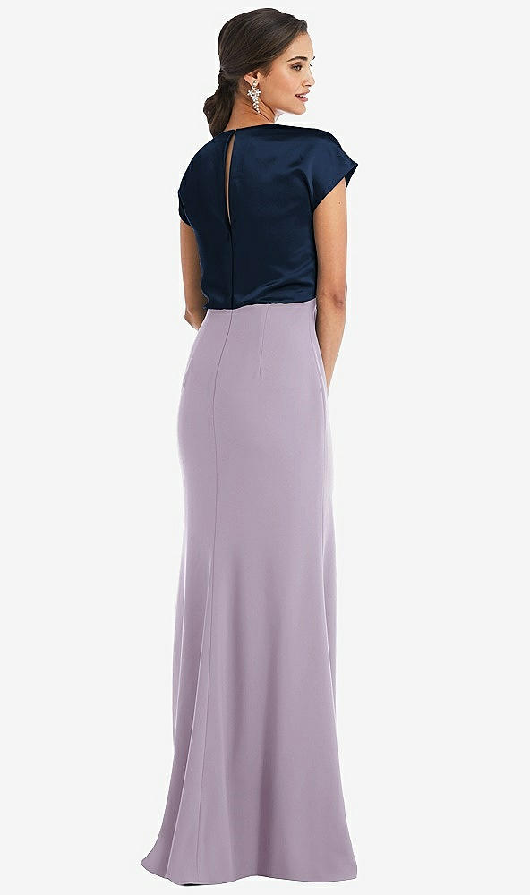Back View - Lilac Haze & Midnight Navy Soft Bow Blouson Bodice Trumpet Gown