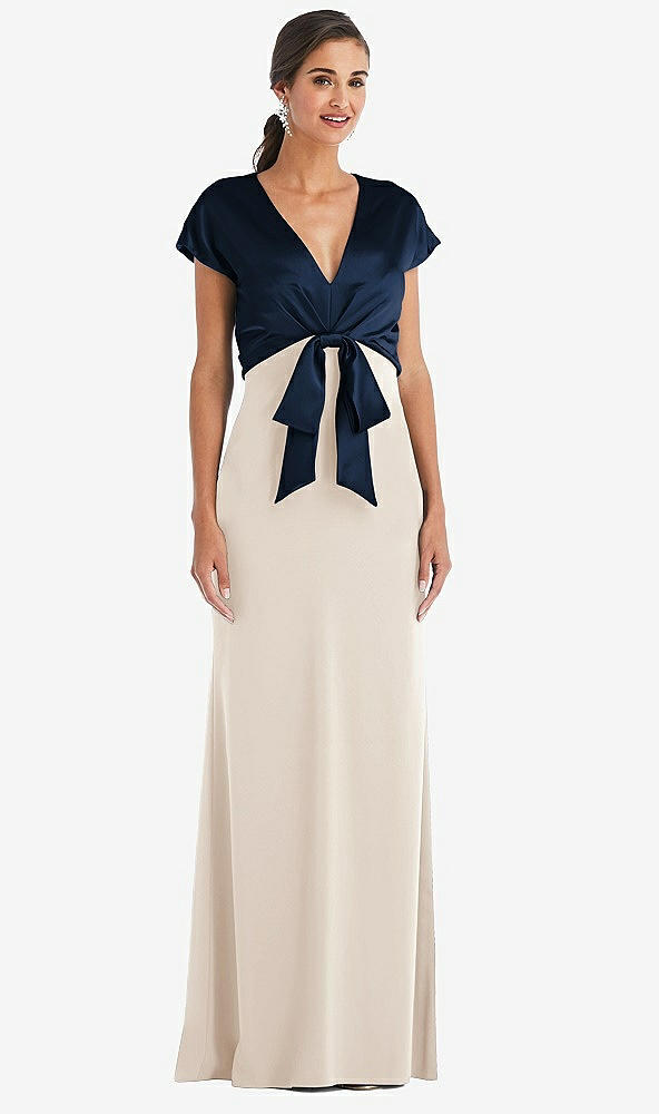 Front View - Oat & Midnight Navy Soft Bow Blouson Bodice Trumpet Gown