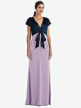 Front View Thumbnail - Pale Purple & Midnight Navy Soft Bow Blouson Bodice Trumpet Gown