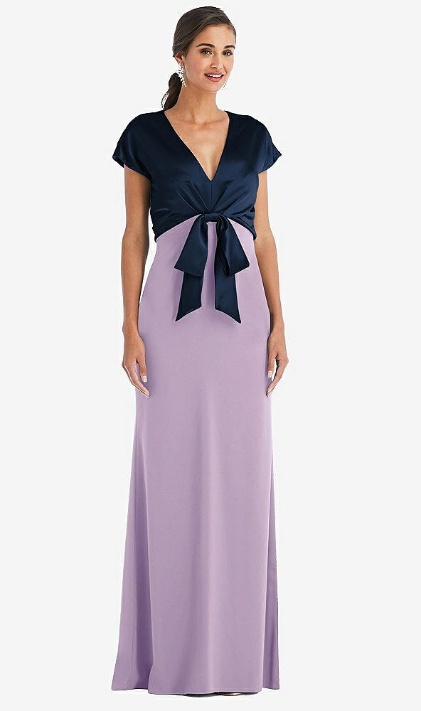 Front View - Pale Purple & Midnight Navy Soft Bow Blouson Bodice Trumpet Gown