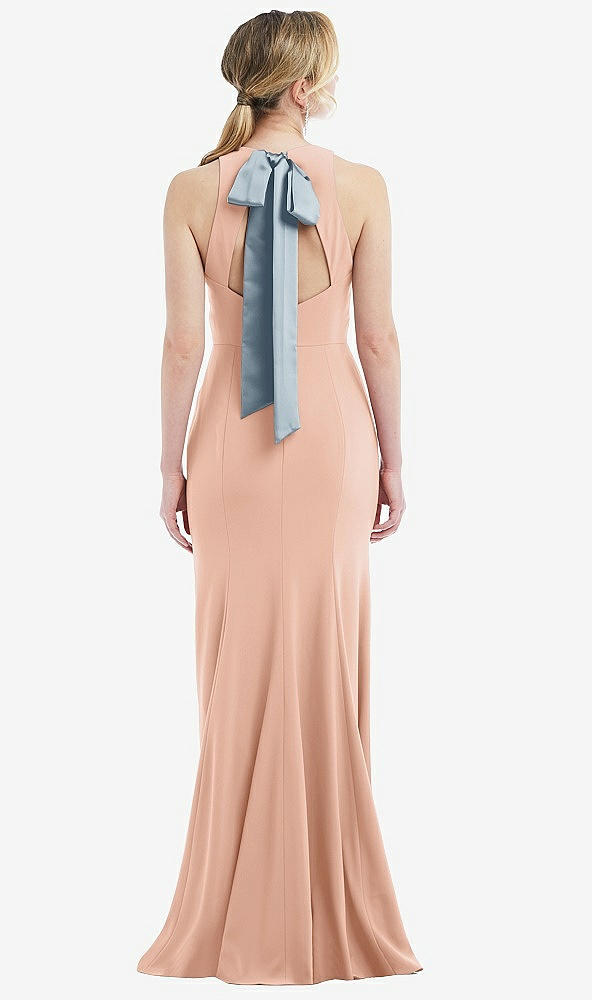 Front View - Pale Peach & Mist Cutout Open-Back Halter Maxi Dress with Scarf Tie
