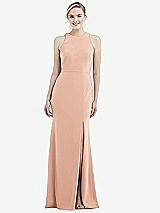 Rear View Thumbnail - Pale Peach & Mist Cutout Open-Back Halter Maxi Dress with Scarf Tie