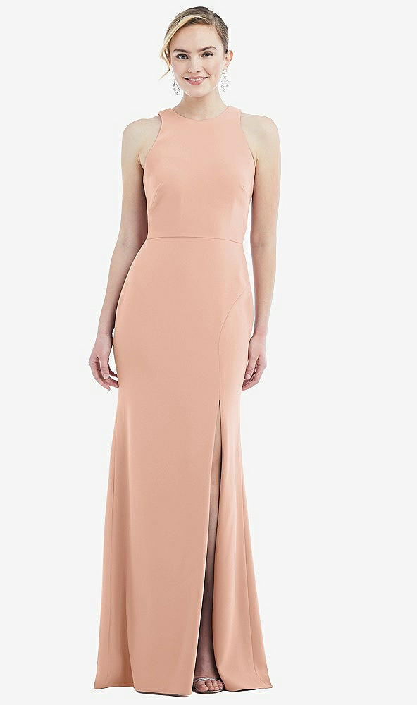 Back View - Pale Peach & Mist Cutout Open-Back Halter Maxi Dress with Scarf Tie