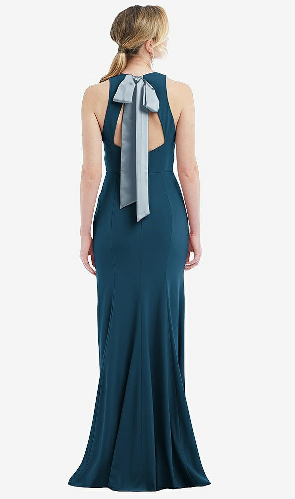 Front View - Atlantic Blue & Mist Cutout Open-Back Halter Maxi Dress with Scarf Tie