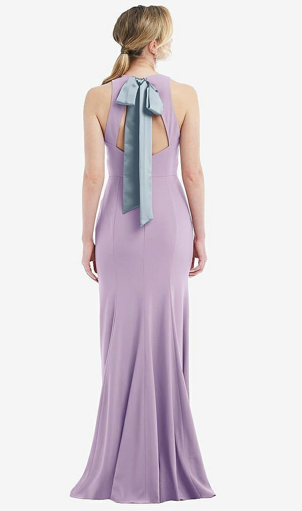 Front View - Pale Purple & Mist Cutout Open-Back Halter Maxi Dress with Scarf Tie