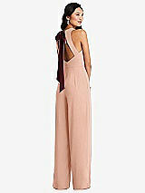 Front View Thumbnail - Pale Peach & Cabernet Cutout Open-Back Halter Jumpsuit with Scarf Tie