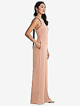 Side View Thumbnail - Pale Peach & Cabernet Cutout Open-Back Halter Jumpsuit with Scarf Tie