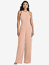 Rear View Thumbnail - Pale Peach & Cabernet Cutout Open-Back Halter Jumpsuit with Scarf Tie