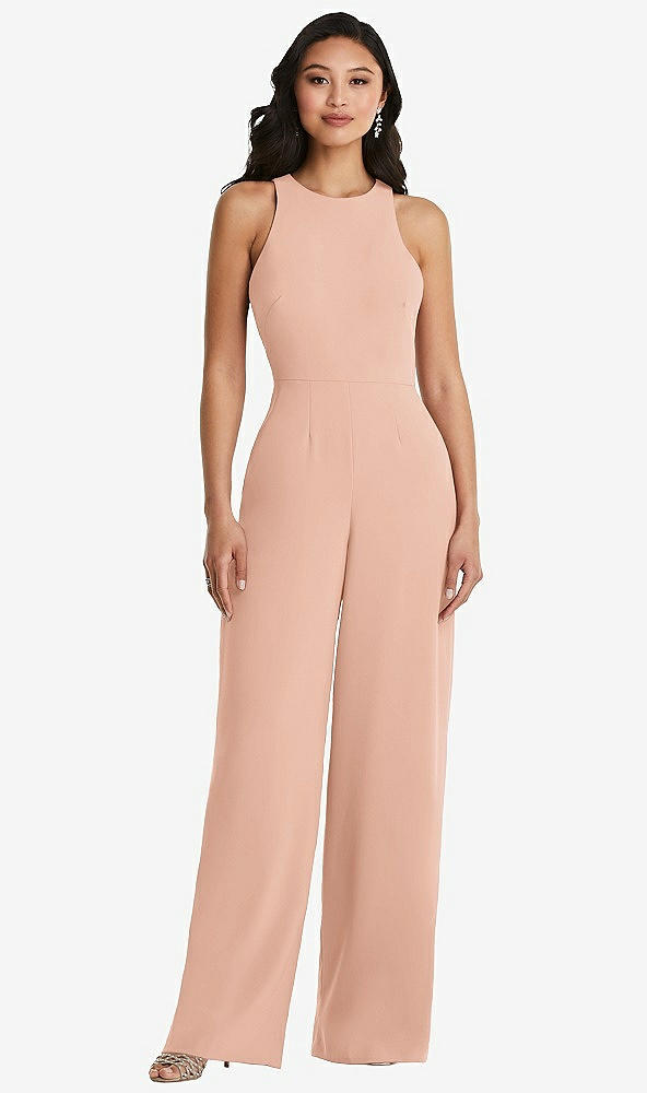 Back View - Pale Peach & Cabernet Cutout Open-Back Halter Jumpsuit with Scarf Tie