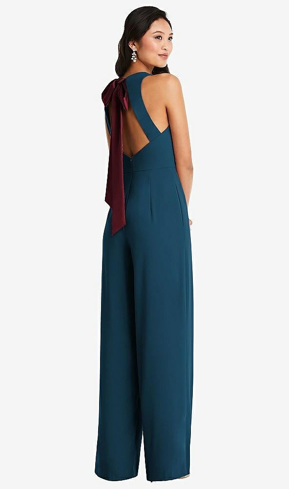 Front View - Atlantic Blue & Cabernet Cutout Open-Back Halter Jumpsuit with Scarf Tie