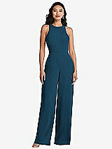 Rear View Thumbnail - Atlantic Blue & Cabernet Cutout Open-Back Halter Jumpsuit with Scarf Tie