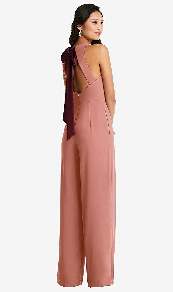 Front View - Desert Rose & Cabernet Cutout Open-Back Halter Jumpsuit with Scarf Tie