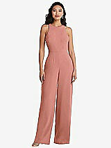 Rear View Thumbnail - Desert Rose & Cabernet Cutout Open-Back Halter Jumpsuit with Scarf Tie