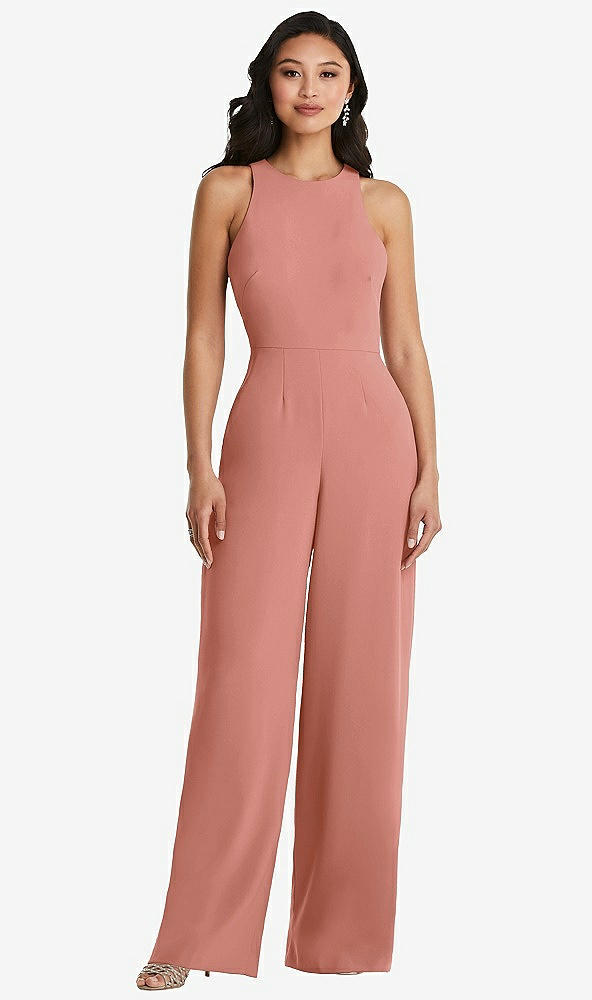 Back View - Desert Rose & Cabernet Cutout Open-Back Halter Jumpsuit with Scarf Tie