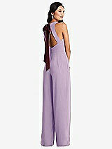 Front View Thumbnail - Pale Purple & Cabernet Cutout Open-Back Halter Jumpsuit with Scarf Tie