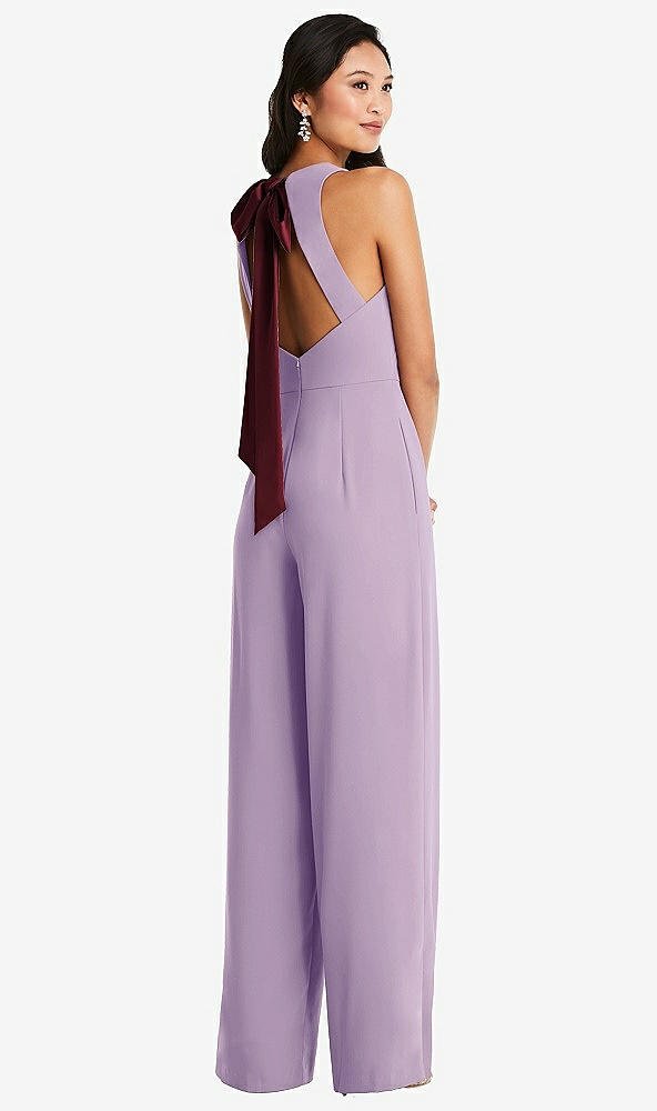 Front View - Pale Purple & Cabernet Cutout Open-Back Halter Jumpsuit with Scarf Tie