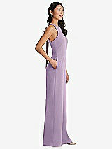 Side View Thumbnail - Pale Purple & Cabernet Cutout Open-Back Halter Jumpsuit with Scarf Tie