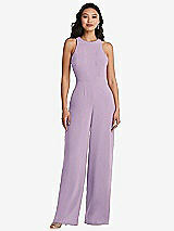Rear View Thumbnail - Pale Purple & Cabernet Cutout Open-Back Halter Jumpsuit with Scarf Tie