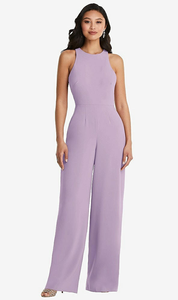 Back View - Pale Purple & Cabernet Cutout Open-Back Halter Jumpsuit with Scarf Tie