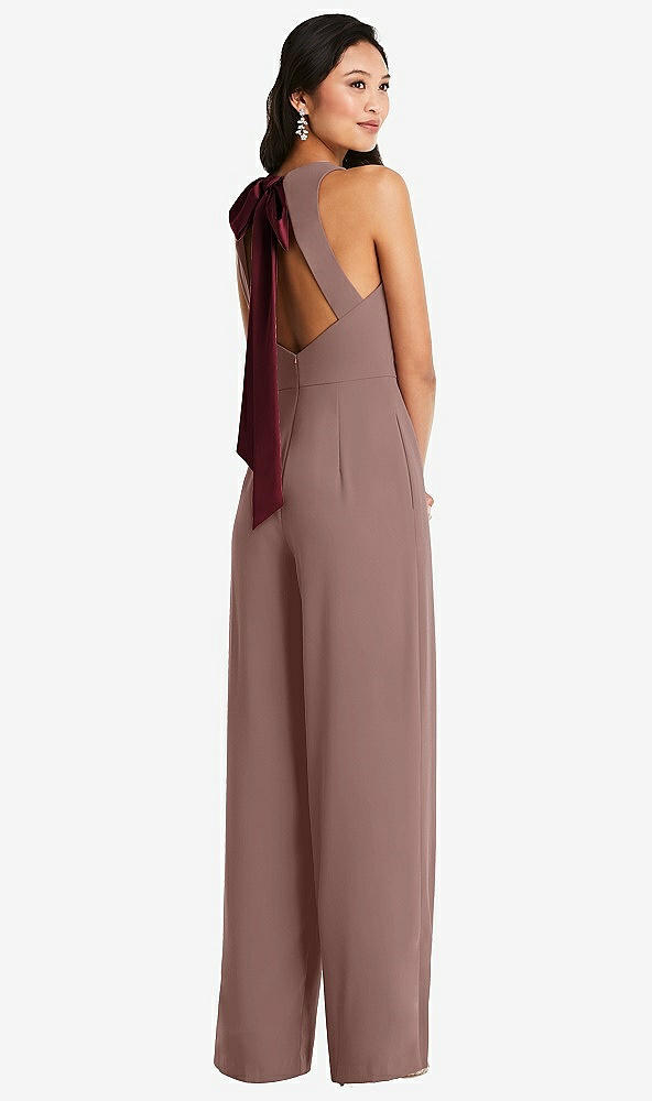 Front View - Sienna & Cabernet Cutout Open-Back Halter Jumpsuit with Scarf Tie