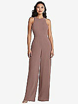 Rear View Thumbnail - Sienna & Cabernet Cutout Open-Back Halter Jumpsuit with Scarf Tie