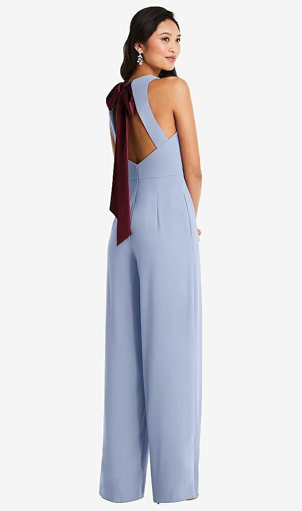 Front View - Sky Blue & Cabernet Cutout Open-Back Halter Jumpsuit with Scarf Tie