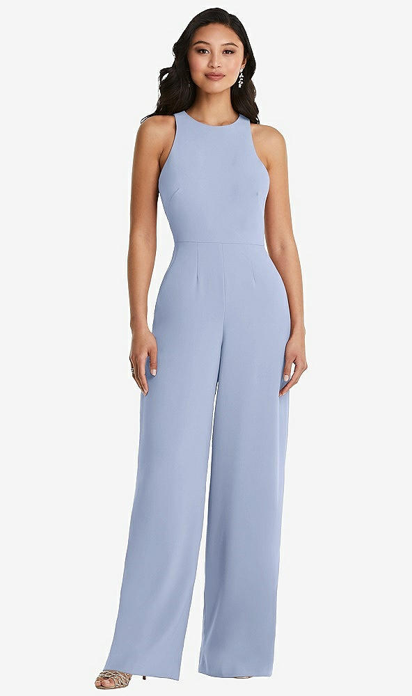 Back View - Sky Blue & Cabernet Cutout Open-Back Halter Jumpsuit with Scarf Tie